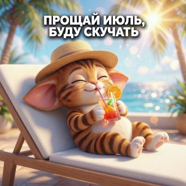 прощай июль - прикольная открытка с котиком